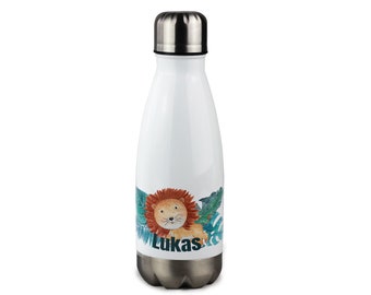 Trinkflasche Kinder, personalisiert mit Namen, Geschenk zur Einschulung Mädchen, Isolierflasche, Wasserflasche Schule Löwe Wildnis