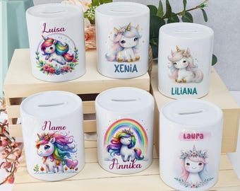 Hucha personalizada de unicornio con nombre - Idea de regalo para niñas, cumpleaños, Navidad o como obsequio de dinero.