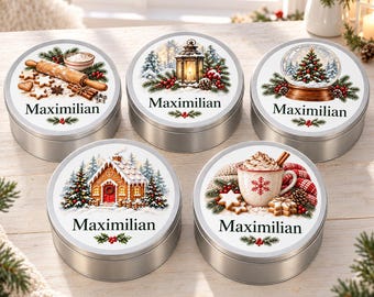 Personalised Christmas cookie tin with name, round biscuit tin with watercolour lid design, festive gift for family, friends and baking fans