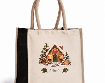Personalized Christmas tote bag with name, gingerbread house design, cotton canvas and jute, gift for mum grandma friend, 5 festive designs