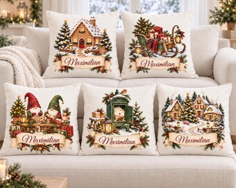Cojín navideño personalizado con nombre, 5 diseños de acuarela para elegir, funda de cojín de 40 x 40 cm sin relleno, decoración y regalo navideño.