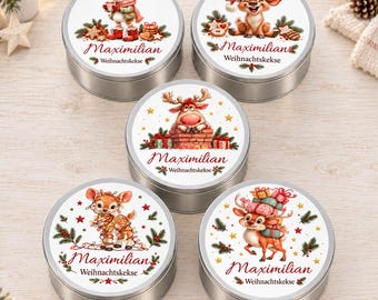 Personalized Christmas reindeer cookie tin with name, round metal biscuit storage box, baking gift for family and friends, five designs