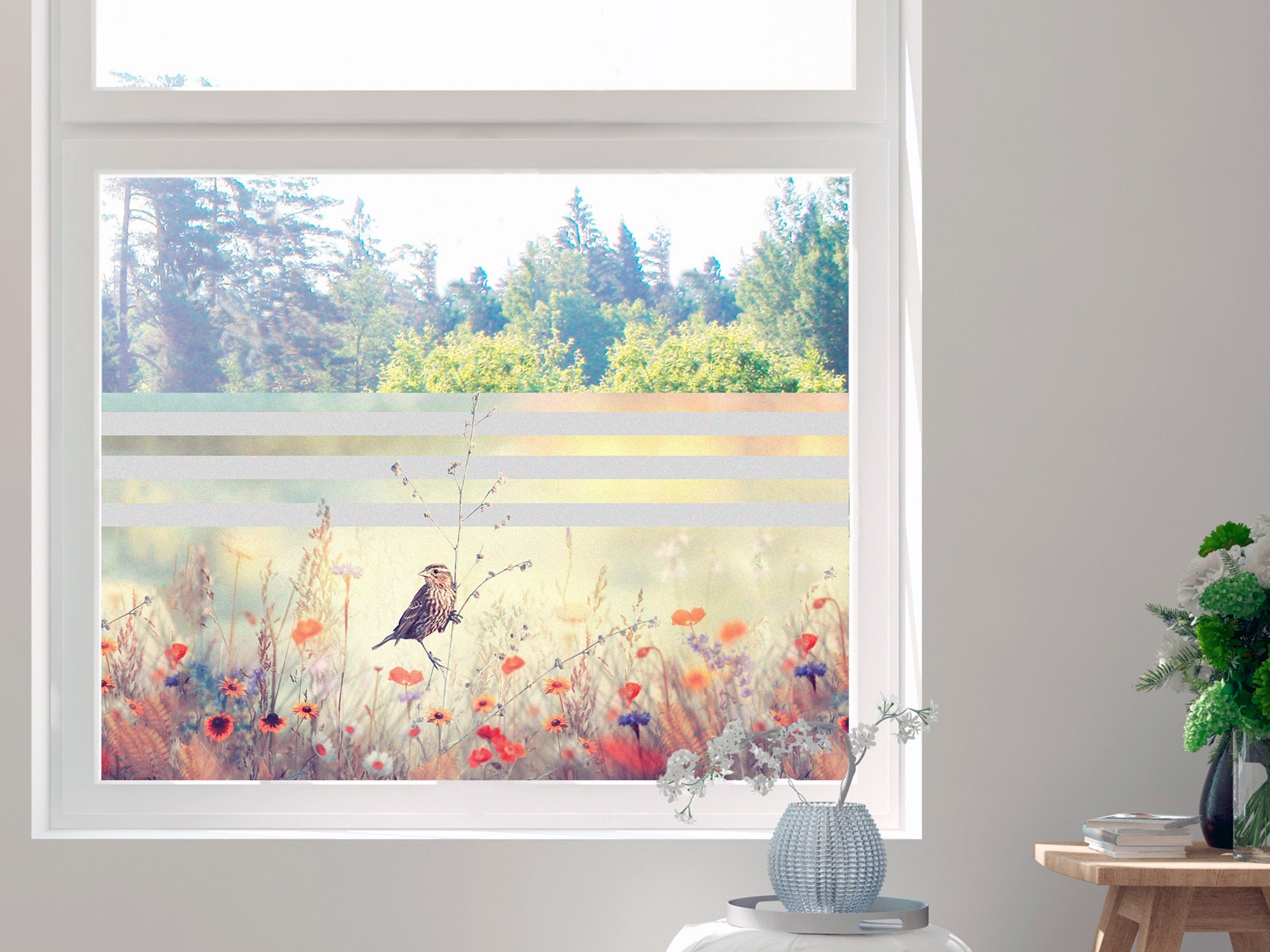 Fensterfolie selbsthaftend Blickdicht,gemalte Blumen und Vögel