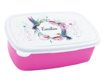 Lunch box for children girl personalized with name, Flowers with hummingbirds lunch box breakfast box, gift for school, Christmas