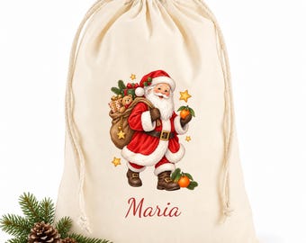 Personalized Christmas Sack with Name, Cotton Santa Gift Bag in 3 Sizes, Reindeer, Christmas Gnome, Bear or Christmas Mail Design for Gifts