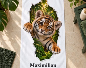 Toalla personalizada con nombre, animales jóvenes con efecto de tela rasgada, toalla infantil de 50 x 100 cm, motivo animal, regalo de cumpleaños