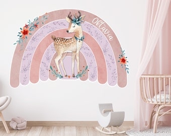 Wandtattoo Name Regenbogen Reh Mädchen Blumen Rosa Kinderzimmer Babyzimmer, personalisiertes Geschenk Geburtstag, Wandaufkleber Sticker