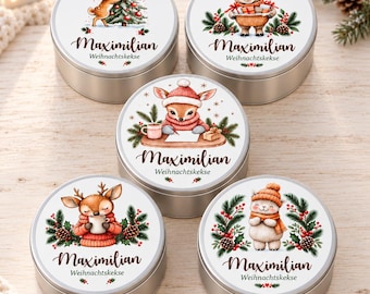 Personalised Christmas cookie tin with name, deer goat lamb designs, round metal biscuit storage tin, Advent gift for family and friends