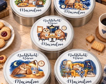 Personalised owl biscuit tin with name, night shift gift for coworker, round cookie tin with lid, five designs for a thoughtful thank you