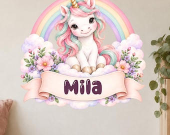 Vinilo decorativo de unicornio personalizado con nombre, arcoíris y nubes, bonita decoración para la habitación infantil en colores pastel, regalo para bautizo y cumpleaños.