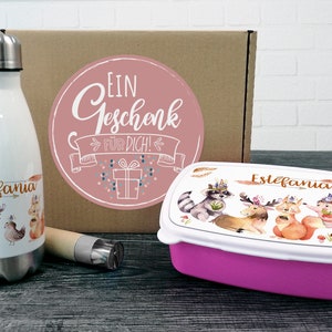 Einschulung Geschenk Trinkflasche mit Brotdose personalisiert + Waldtiere für Mädchen & Jungen - Schulbeginn Set mti Namen