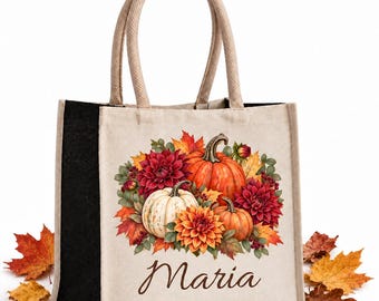 Personalised autumn tote bag with name, cotton and jute, pumpkin fox hedgehog apple or lantern design, shopping bag gift for autumn lovers