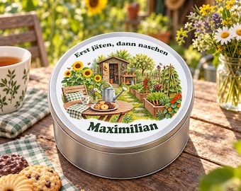 Personalised Garden Cookie Tin with Name, Bean Arch or Raised Beds and Sunflowers, Birthday Gift for Gardeners and Allotment Garden Lovers