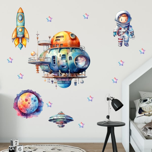 Wandtattoo Weltraum Planeten Astronaut Aquarell - Kinderzimmer Junge - niedliche Aufkleber Wandsticker Set