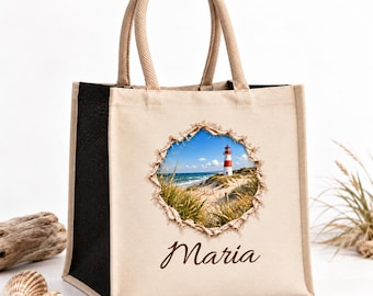 Personalised coastal shopping bag with name, cotton and jute tote, maritime print, lighthouse, seal, sailboat, seagull or beach chair gift