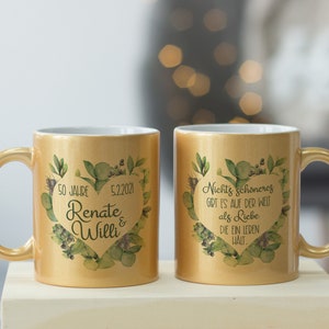 Geschenk Box zur Goldenen Hochzeit 50 Jahre, personalisiert mit Namen und Datum, Set mit goldenen Tassen und Kuchen, Hochzeitsgeschenk Idee