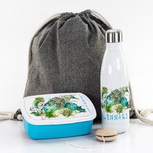 Cadeau pour la rentrée scolaire, personnalisé avec nom, motif dinosaure | Bouteille à boire pour boîte à lunch | Comprend un sac de sport pour l'école et la garderie, garçons