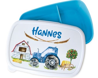 Brotdose für Kinder Junge mit Namen personalisiert, Trecker Bauernhof Bauer Lunchbox Frühstücksdose, Geschenk zur Einschulung, Weihnachten