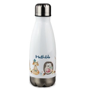 Trinkflasche Kinder, personalisiert mit Namen, Geschenk zur Einschulung Mädchen, Isolierflasche, Wasserflasche Schule Waldtiere Fuchs Igel Bild 1