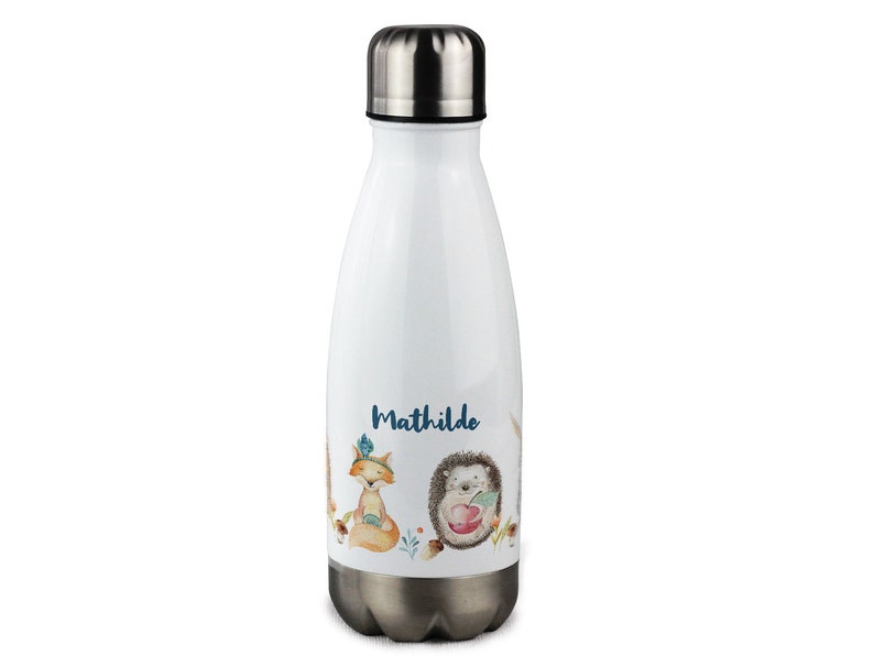 Trinkflasche Kinder, personalisiert mit Namen, Geschenk zur Einschulung Mädchen, Isolierflasche, Wasserflasche Schule Waldtiere Fuchs Igel Bild 1