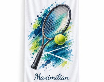 Toalla de tenis personalizada con nombre, raqueta y pelota de tenis en acuarela, regalo para aficionados al tenis, 5 diseños y dos tamaños para elegir.