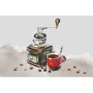 Peut inclure: Un moulin à café vintage avec une base en bois et une poignée argentée, à côté d'une tasse de café rouge avec de la vapeur qui s'en échappe. Des grains de café sont éparpillés sur la surface.