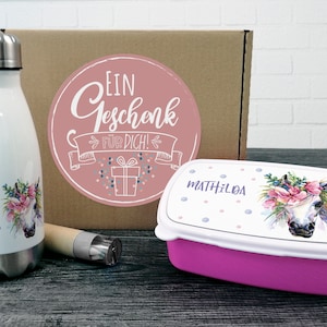 Einschulungsgeschenk Trinkflasche mit Brotdose Einhorn mit Blumen mit Namen personalisiert für Mädchen, Set für Schule & Kindergarten