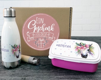 Geschenkbox Kinder Trinkflasche mit Brotdose Einhorn mit Blumen, personalisiertes Geschenk, Geburtstag Einschulung für Mädchen, Set Schule