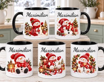 Personalized Snowman Mug with Name, 330 ml Ceramic Christmas Coffee Cup with Black Handle, Custom Christmas Gift for Adults and Winter Days