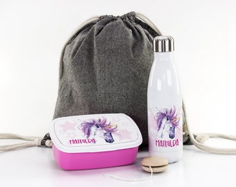 Gift set for school, personalized with desired name, motif unicorn and stars, bread box, drinking bottle and bag for school and daycare
