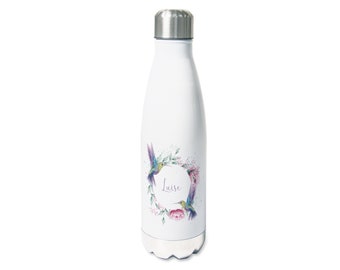 Trinkflasche personalisiert mit Namen, Isolierflasche Wasserflasche für Kinder Erwachsene, 500ml, Sportflasche Geschenk - Blume mit Kolibri