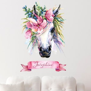 Wall decal name unicorn flowers horse nursery baby room, personalized gift birthday baby watercolor, wall sticker sticker