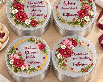 Personalized cookie tin with name, flowers, gift for mom, friend or colleague, floral biscuit tin with German quote for birthdays and thanks
