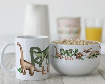 Frühstücksset Kinder mit Namen personalisiert, Geschenk-Geschirrset zum Geburtstag, Müslischale, Tasse 3 teiliges Geschenkset, Dinosaurier