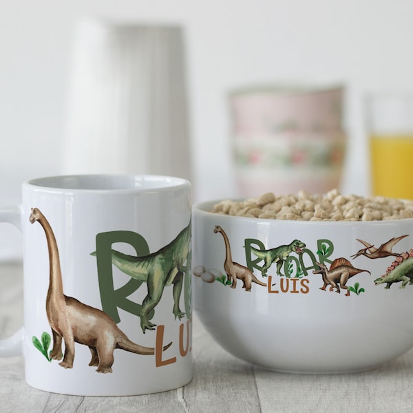 Frühstücksset Kinder mit Namen personalisiert, Geschenk-Geschirrset zum Geburtstag, Müslischale, Tasse 3 teiliges Geschenkset, Dinosaurier