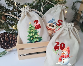 Adventskalender Säckchen 24 Tüten zum selber füllen Advent, Jutesäckchen Adventskalender zum befüllen, Kinder Eule Wiederverwendbar