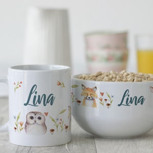 Frühstücksset Kinder mit Namen personalisiert, Geschenk-Geschirrset zum Geburtstag, Müslischale, Tasse 3teilig Geschenkset, Waldtiere