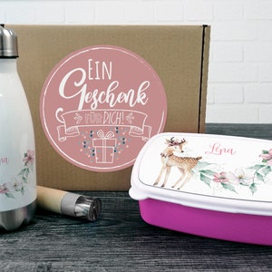 Geschenkbox Kinder Trinkflasche mit Brotdose Rehkitz mit Blumen, personalisiertes Geschenk, Geburtstag Einschulung für Mädchen, Set Schule