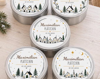 Personalised cookie tin with name, Scandinavian winter designs, round tinplate biscuit tin, Christmas gift for bakers, five design choices