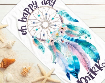 Handtuch personalisiert mit Namen für Frauen Mädchen, Traumfänger oh happy day, kuscheliges Badetuch Strandtuch, Personalisiertes Geschenk