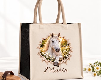 Personalised horse tote bag, 7 designs, custom name shopping bag, gift for horse lovers, cotton and jute, 17 litres for everyday shopping
