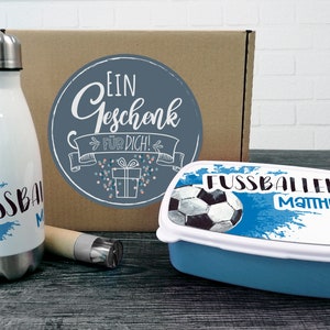 Geschenk zur Einschulung Fussballer | Trinkflasche mit Brotdose | Fußball personalisiert mit Name Geburtstag Einschulungsgeschenk für Jungen
