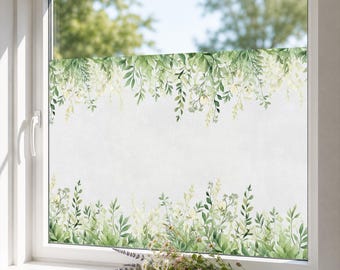 Pellicola per finestre effetto acquerello di eucalipto | Pellicola autoadesiva per la privacy | Pellicola satinata per finestre di bagno e cucina | Pellicola per finestre con foglie verdi e protezione UV