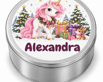 Personalised Christmas biscuit tin for children – unicorn, space, dinosaur, woodland animals, horses, farm or fairy forest, name gift