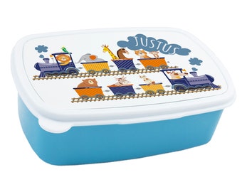 Brotdose für Kinder Junge mit Namen personalisiert, Zug mit Tiere Lunchbox Thermosflasche 350ml, Geschenk zur Einschulung, Weihnachten