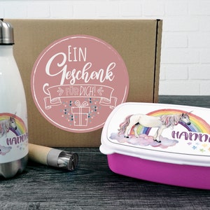 Geschenk zur Einschulung | Trinkflasche mit Brotdose | Einhorn personalisiert mit Namen Geburtstag Einschulungsgeschenk für Mädchen