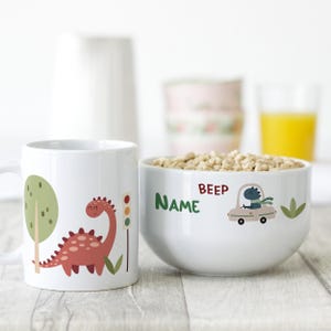 Children&#39;s breakfast set personalized with name, birthday gift crockery set, cereal bowl, cup 3-piece gift set, dino