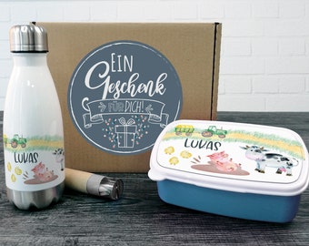 Gift box kids drinking bottle with lunch box, gift personalized Christmas, birthday enrollment for boys, set school