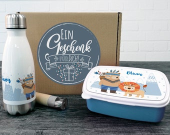 Gift box kids drinking bottle with lunch box, gift personalized Christmas, birthday enrollment for boys, set school