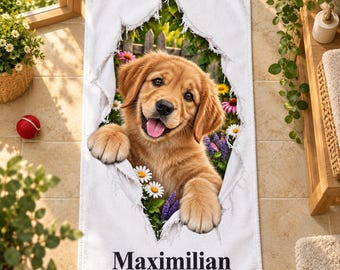 Personalized towel with name and animal design: dog, cat, rabbit, Highland cow or donkey, gift for children, bathroom towel in two sizes